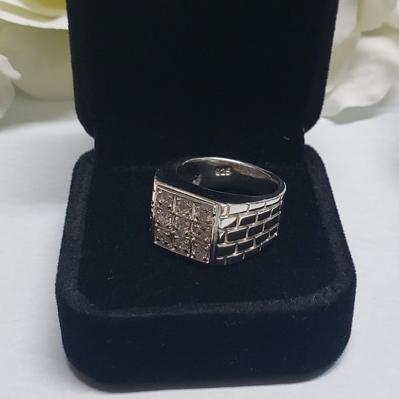 935 Silver Men Vintage Jewelry Wedding Ring Round Cubic Zircon - Picture 1 of 8